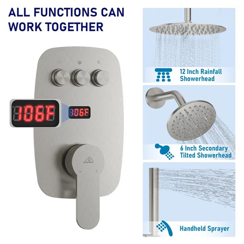 CASAINC BR01008SX12BN Rainfall Symphony 12inch Dual Showerhead Temperature Display Shower System with 2 in 1 Slider Bar Shower Handheld