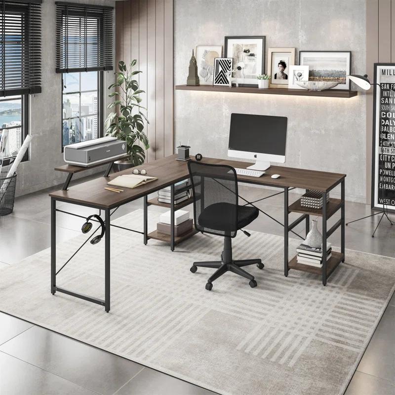 Inbox Zero Techni Mobili L-Shape Industrial Desk With Storage Shelves | Wayfair