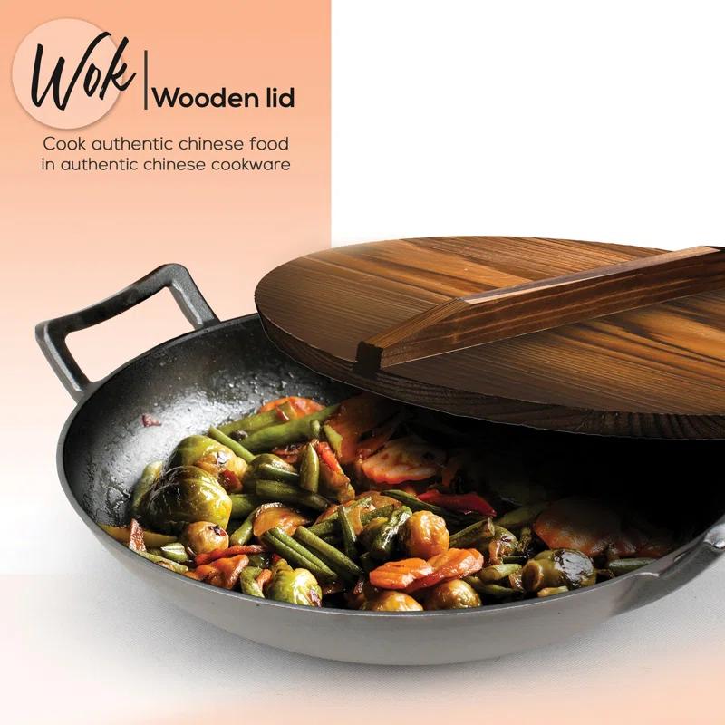 Open Box NutriChef Cooking Wok Cast Iron Stir Fry Pan with Wooden Lid, Black