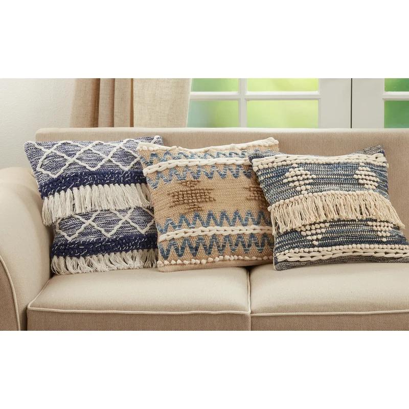 Natural Cotton Euro Chindi Pillow Cover with Blue Accents