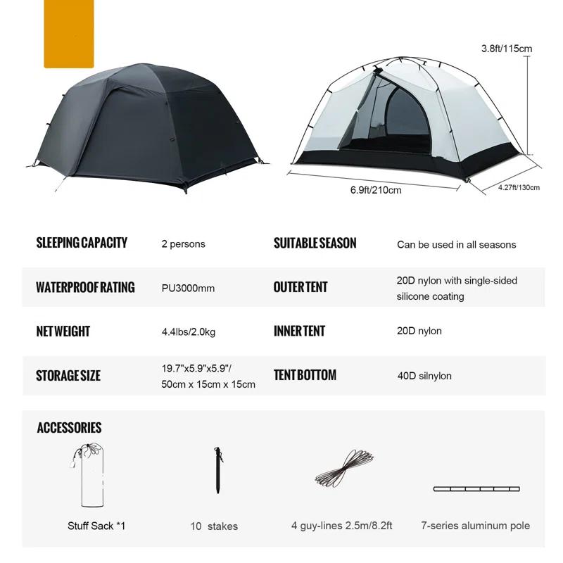 LIFETIME FLOORING LLC 4 Season Camping Tent Backpacking 2 Person Waterproof Lightweight Easy Setup Instant 3000Mm Waterproof Rating Outdoor Hiking Tent