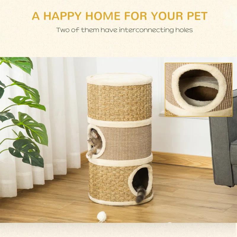 George Oliver 28 Inch Cat Condo, 3 Story Cat Hideaway with Sisal Scratching Pad, Barrel Shaped Small Cat Tree
