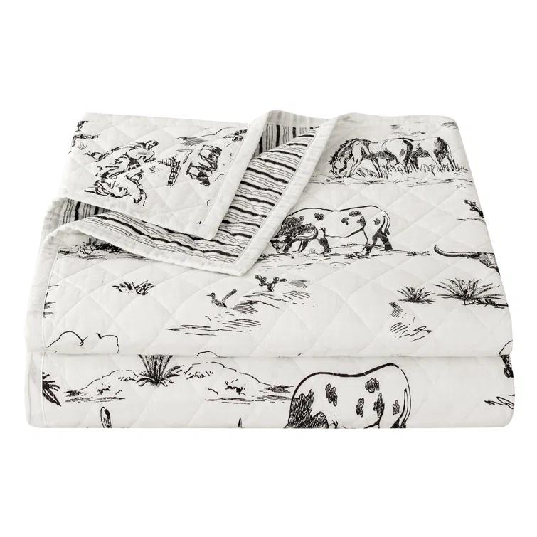 Paseo Road by HiEnd Accents Ranch Life White/Black Cotton Reversible Western Rustic Farmhouse 3 Piece Quilt Set