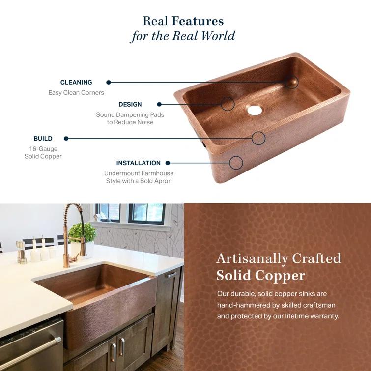 Sinkology Adams Copper 33" Double Bowl Farmhouse Apron Front Undermount Kitchen Sink K2A-1005ND