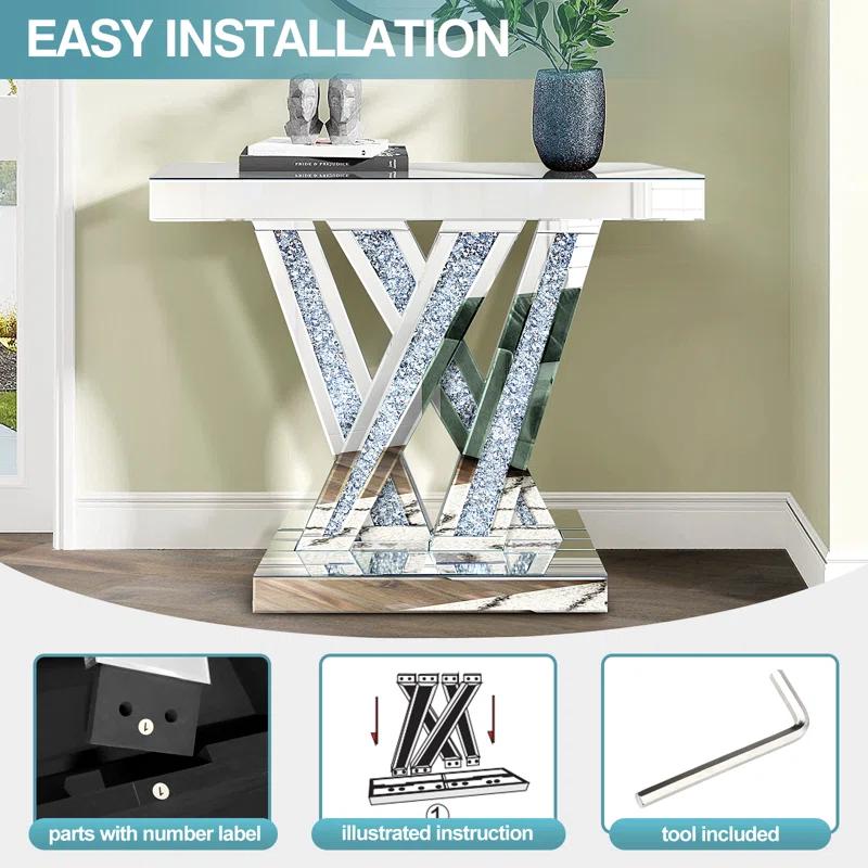 Modern Entryway Console Table With Crushed Diamond Inlay, 35" Silver Mirrored Glass Hallway Table For Entryway, Glam Decorative Sofa Tables For Living Room