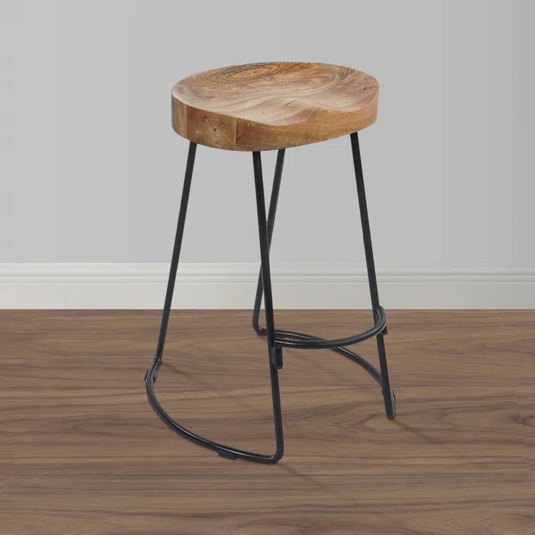 The Urban Port 24 Inch Mango Wood Industrial Counter Height Stool, Saddle Seat, Iron, Set of 2, Brown, Black