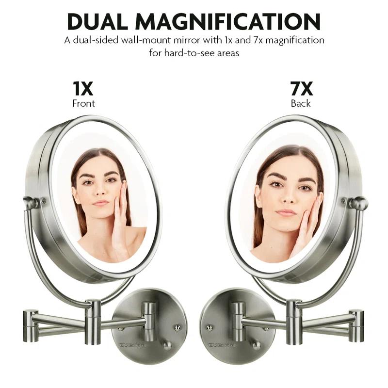Ovente Wall Mounted Vanity Makeup Mirror 8.5 Inch with 7X Magnification and Natural LED Lights, Double-Sided with Hardwired Electrical Connection