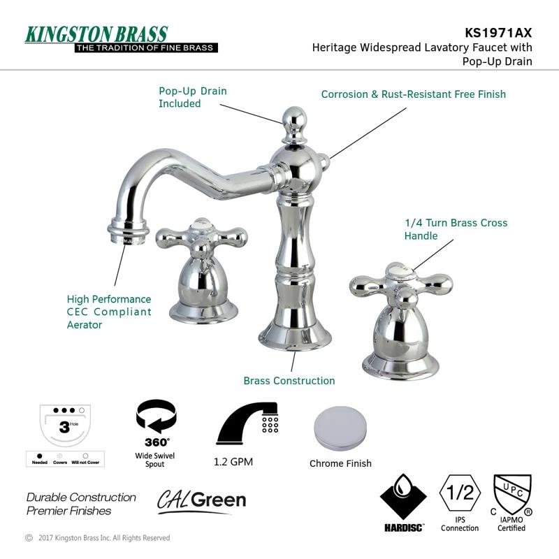 Kingston Brass Heritage Two-Handle 3-Hole Deck Mount Widespread Bathroom Faucet with Brass Pop-Up Drain
