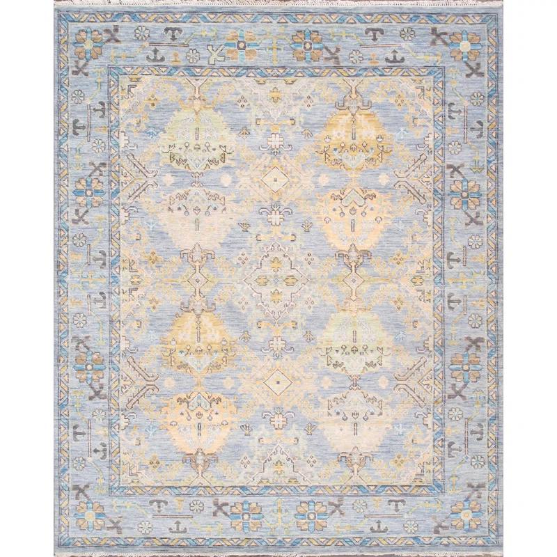 Pasargad Oushak Oriental Hand-Knotted Rectangle 8'1" x 9'9" Wool Area Rug in Blue/Yellow/Black