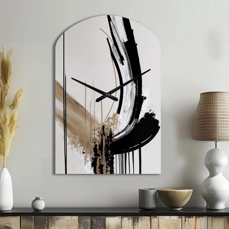 Design Art Golden Minimalist Abstract IV - Abstract Asymmetrical Metal Wall Clock, Black Arch Wall Clock Print