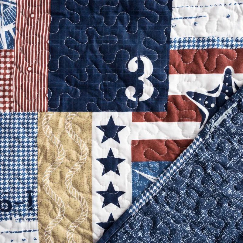 Quilt Set - Nautical Americana Patchwork Print All-Season Soft Microfiber Bedding with Pillow Sham