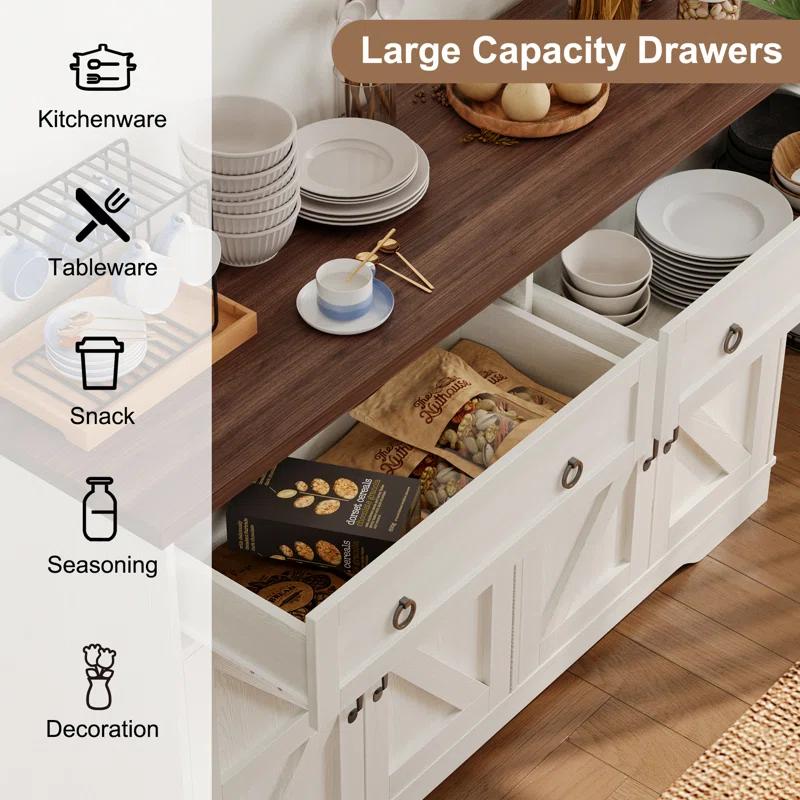 Farmhouse 55" Buffet Sideboard Cabinet With Storage, Coffee Bar Cabinet With 2 Drawers