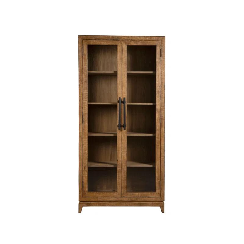 Benjara Orla Tall China Cabinet, 2 Glass Doors, Antique Brown Reclaimed Wood