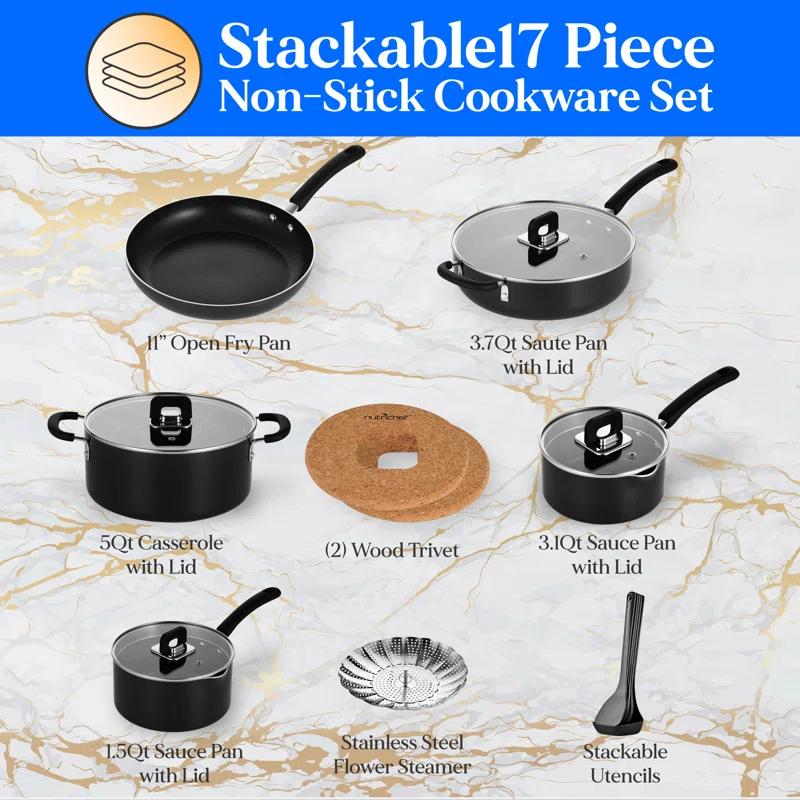 NutriChef 17 - Piece Non-Stick Aluminum Cookware Set