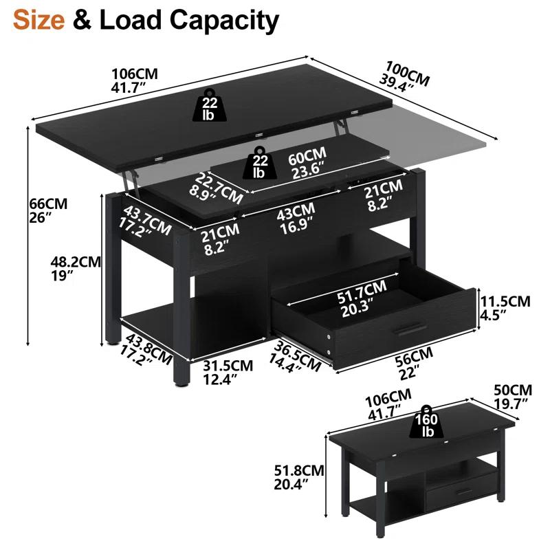 17 Stories Lift Top Coffee Table, Multi-Function Convertible Coffee Table With Storage Compartment&Drawers, Coffee Table For Living Room Converts To Dining Table, Computer Desk