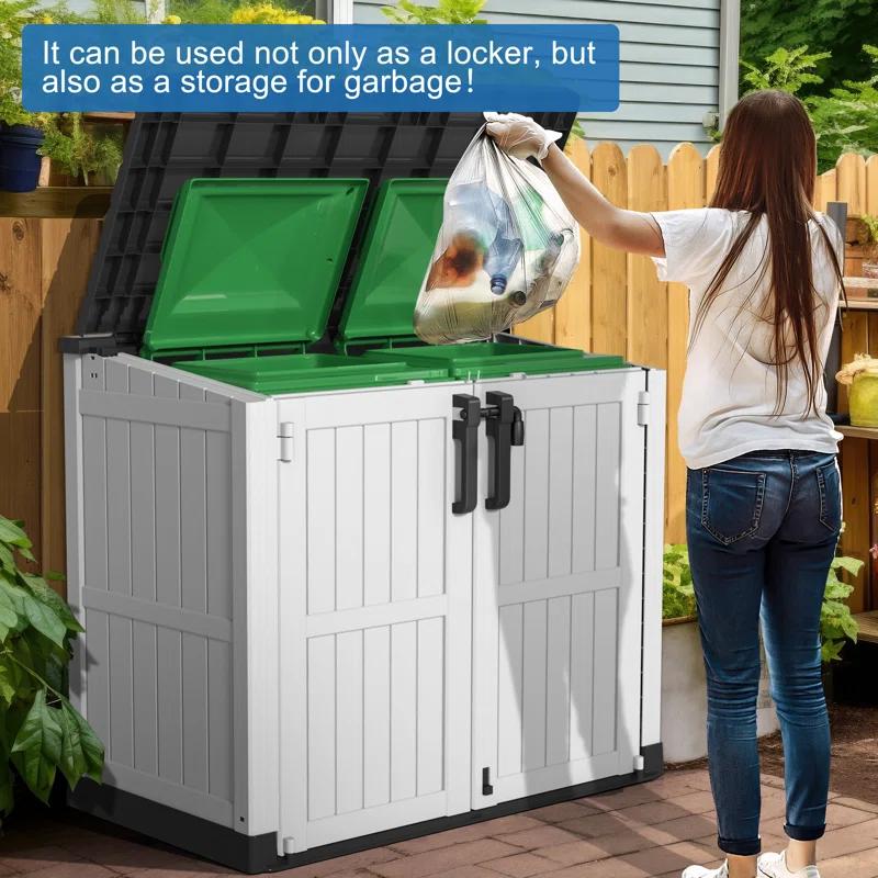 Emperic Design Resin Tool Shed, 36 Cu Ft Waterproof Outdoor Horizontal Storage, Weather-resistant Utility Shed With Air Vent For Trash And Lockable Doors, Garden Tools （black And White）