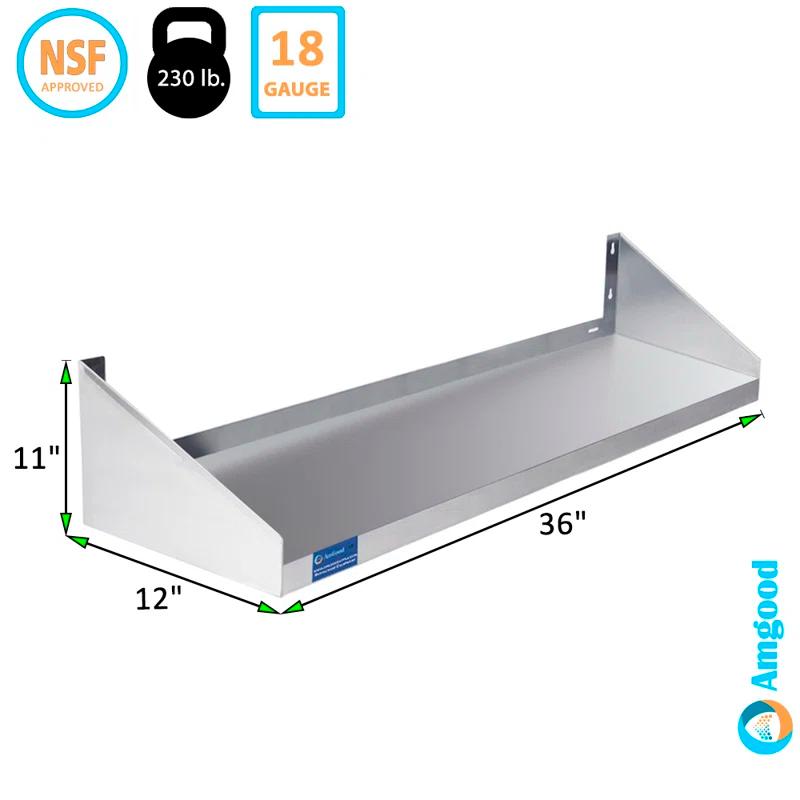 Amgood 12 in. x 36 in. Stainless Steel Wall Shelf with Side Guards