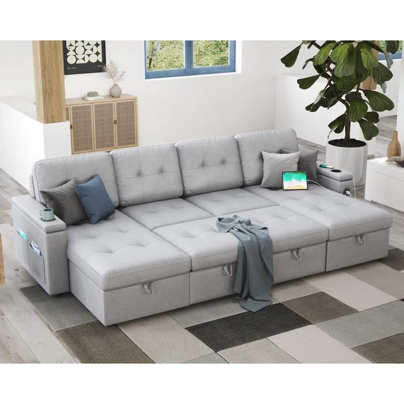 Latitude Run® Pull Out Sofa Bed With 2 USB Ports & Cup Holders, U Shaped Sleeper Sofa Bed With Dual Storage Chaise- Drak Gray