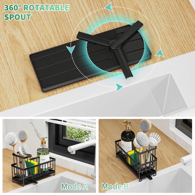 WhiteDream Sponge Holder For Kitchen Sink, Sink Caddy With High Brush Holder, Kitchen Sink Organizer Countertop Rustproof 304 Stainless. Black