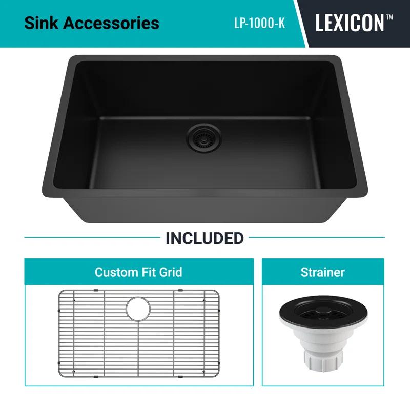 Lexicon LP-1000-K 32" x 19" Quartz Kitchen Sink, Single Bowl Sink, Drop-in Sink, Undermount Sink, Granite Kitchen Sink, with Steel Grids and Basket Strainer, Disposal Flange