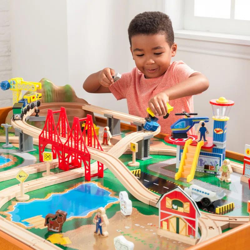 KidKraft Ride Around Town Wooden Train Set And Table With Storage Bins And 100 Pieces, Honey