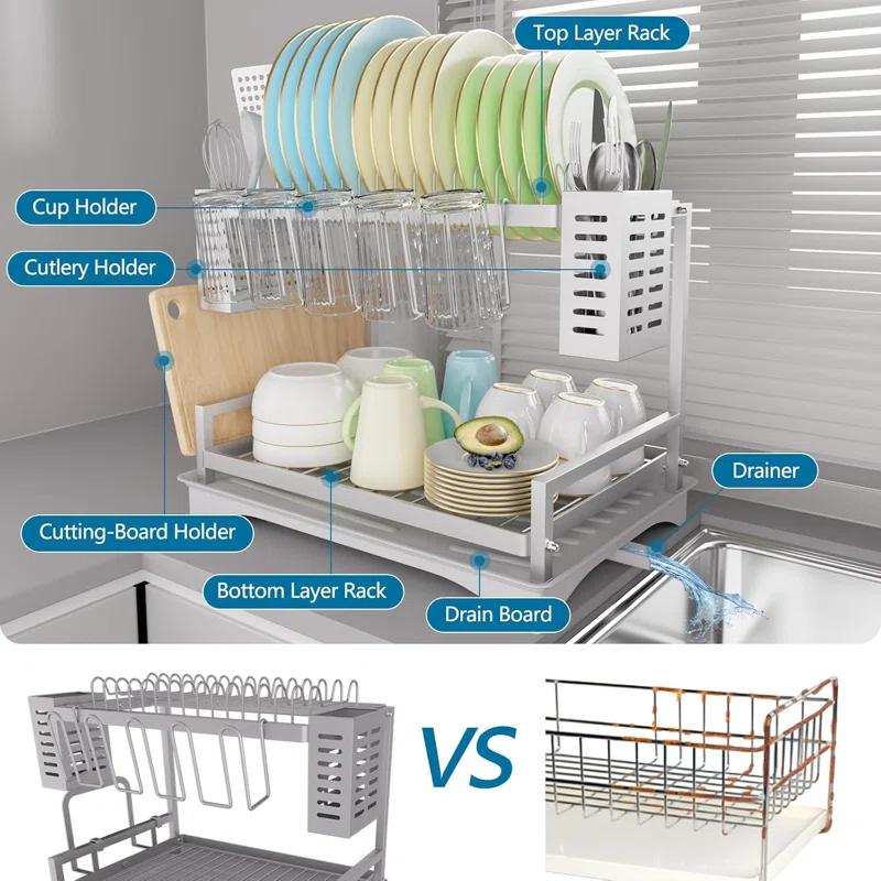 THE GLAMOUR BOUTIQUES Dish Drying Rack: 2 Tier Dish Racks For Kitchen Counter - Large Rust Proof Dish Drying Rack With Aluminum - Detachable Dish Drainer Organizer With Utensil Holders Drainboard Silver