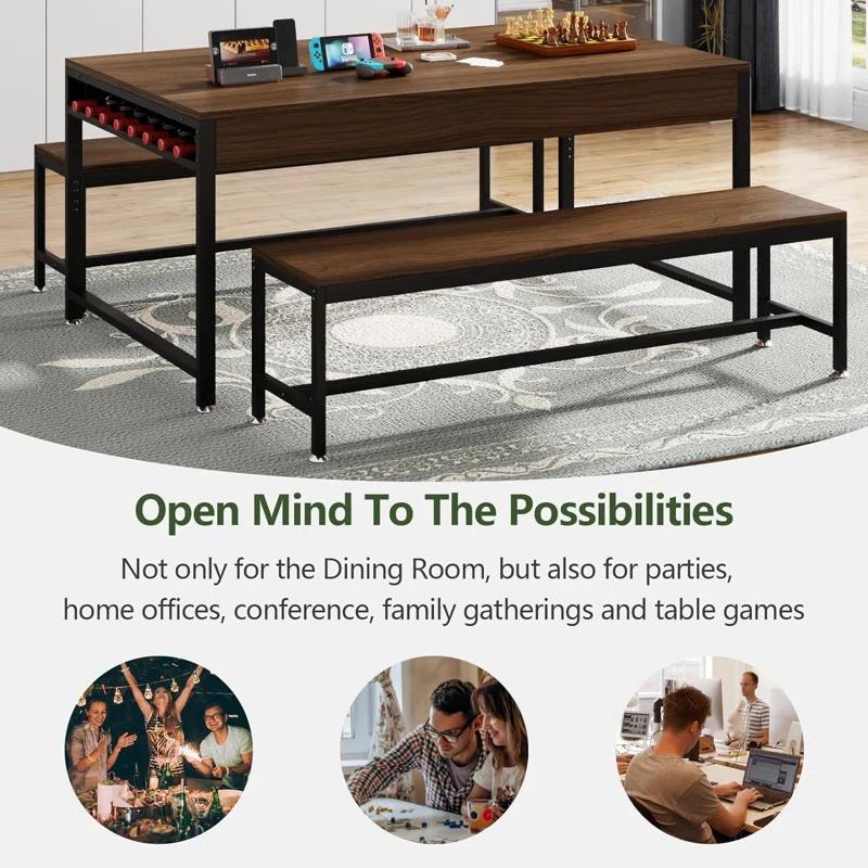 17 Stories Zubie 63"Dining Table Set for 4-6, 3-Piece Kitchen Table with 2 Utensil Drawers,2 Benches&Wine Rack