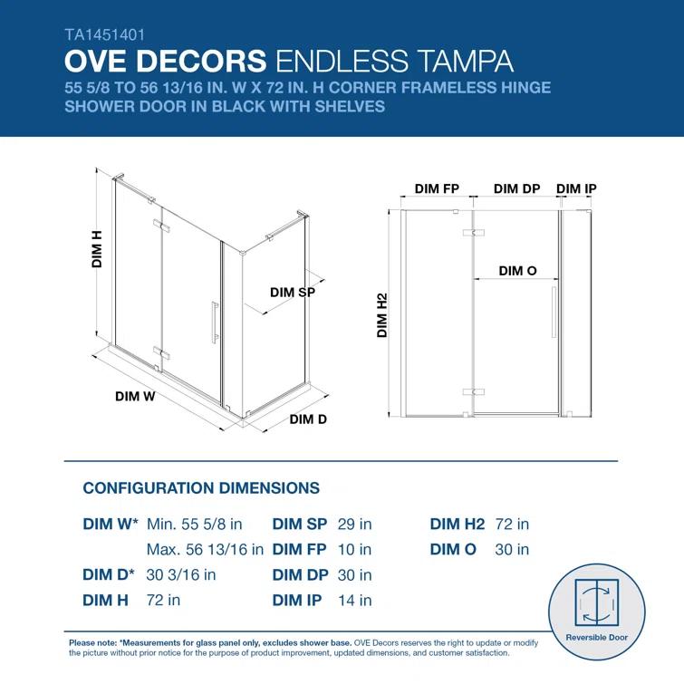 Ove Decors Endless Tampa 56" W x 72" H Corner Frameless Shower Kit, Door, 2 Panel, Shelves TA1451401
