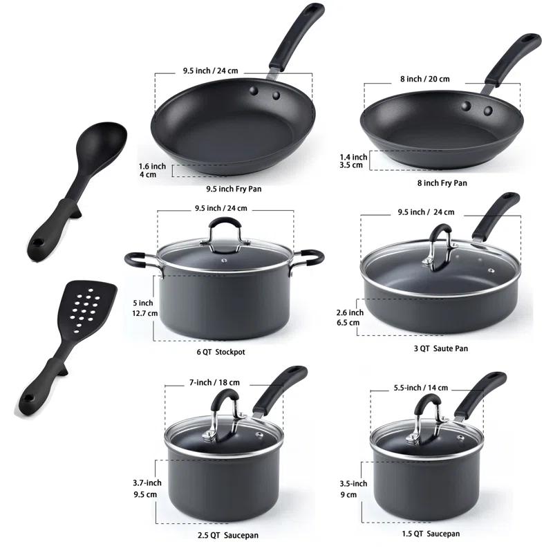 Cook N Home Professional Hard Anodized Pots and Pans Set Nonstick, Kitchen Cookware Set, Black