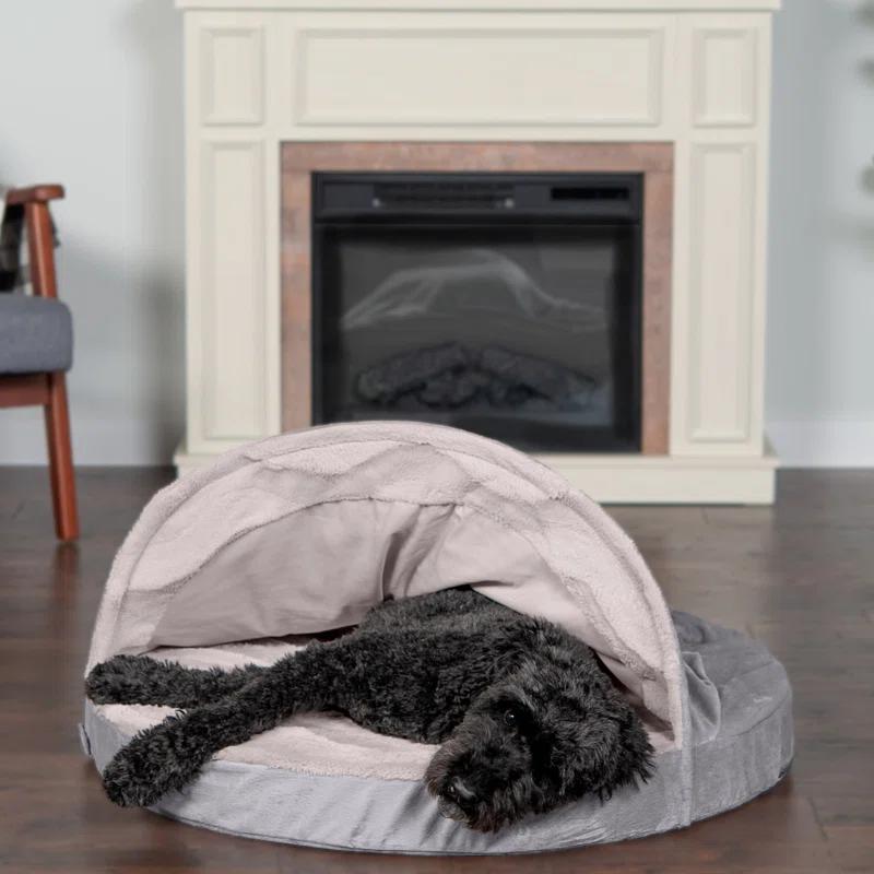 FurHaven Wave Fur & Velvet Snuggle Cave Orthopedic Hooded Dog Bed