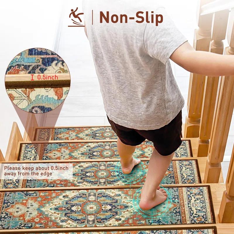 Bungalow Rose Stair Treads For Wooden Steps Indoor, 15 Pack 8" X 30" Non Slip Carpet Stair Treads With Reusable Adhesive For Kids Elders And Dogs, TPR Backing Stair Rugs Oriental Staircase Step Treads,Bohemia