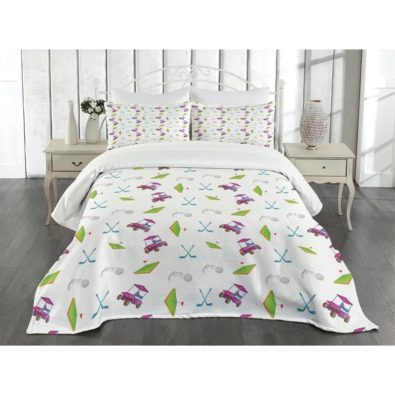 Ambesonne Ambesonne Golf Bedspread Set Clubs Carts Ball Flag on Grass Lime Green Purple