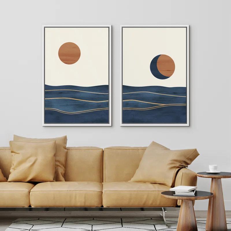 Sun And Moon " Abstract Sun Over Blue Watercolor Ocean Waves Modern Minimalist Landscape " 2 - Pieces