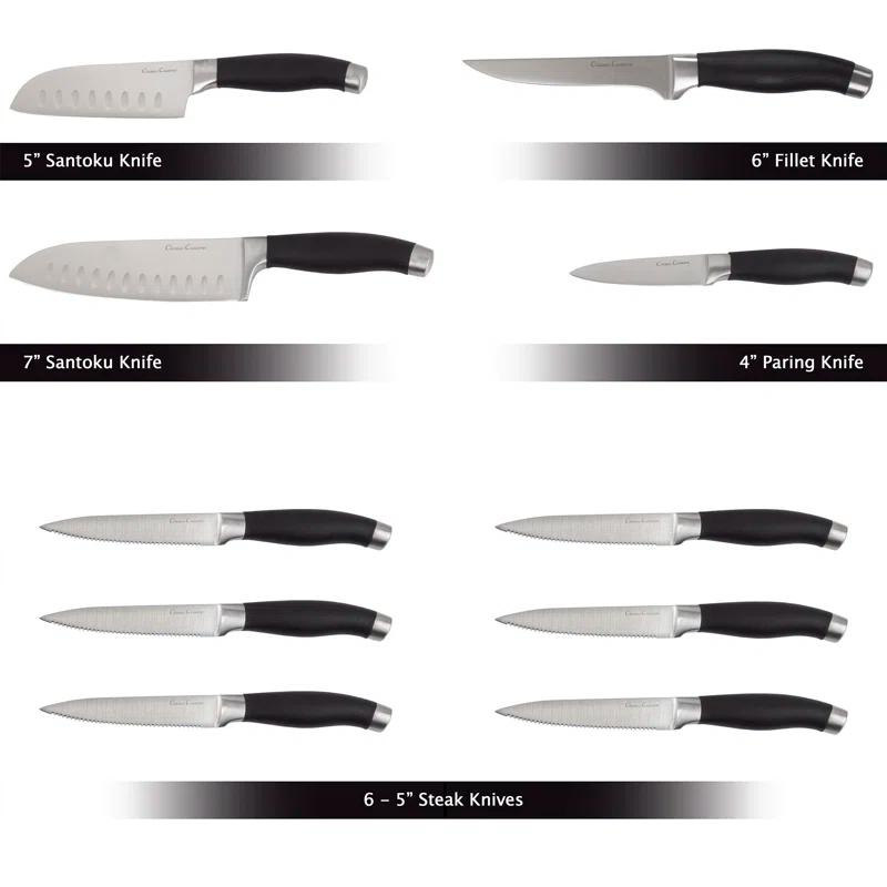 Classic Cuisine Professional 15-Piece Knife Set with Block - Stainless-Steel Cutlery with Chef, Bread, Santoku, Filet, Paring, and Steak Knives