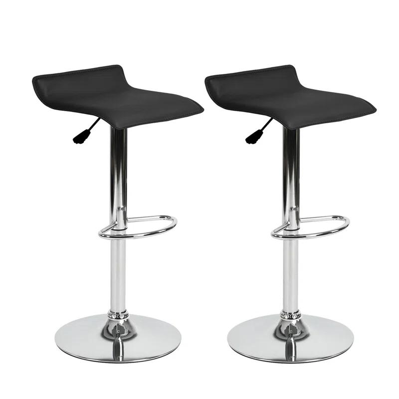 HomeRoots Set of Two Black and Silver Faux Leather and Metal Low Back Adjustable Height Swivel Bar Chairs | Wayfair
