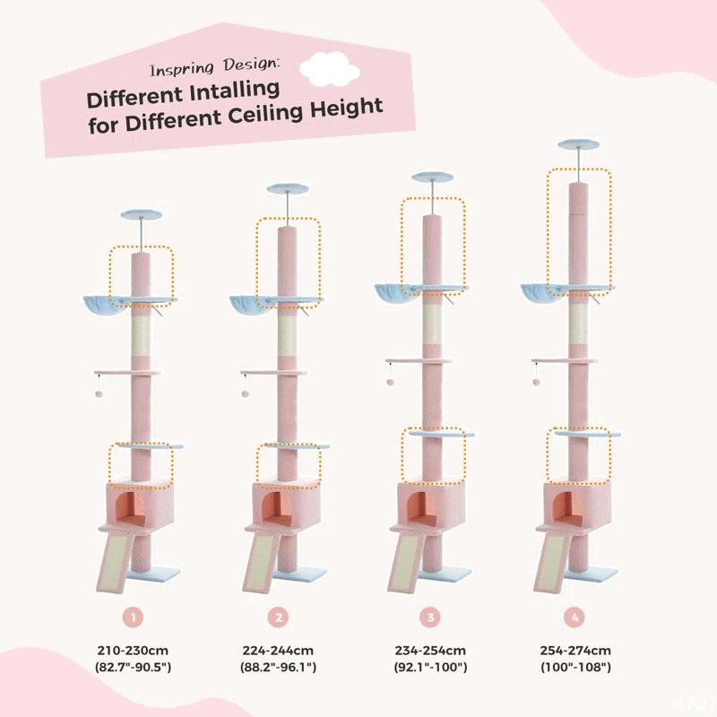 Adjustable Height Floor To Ceiling 5-Tier Tall Cat Tree Tower For Indoor Cats With Cat Condo, Cat Scratching Post And Cat Ladder