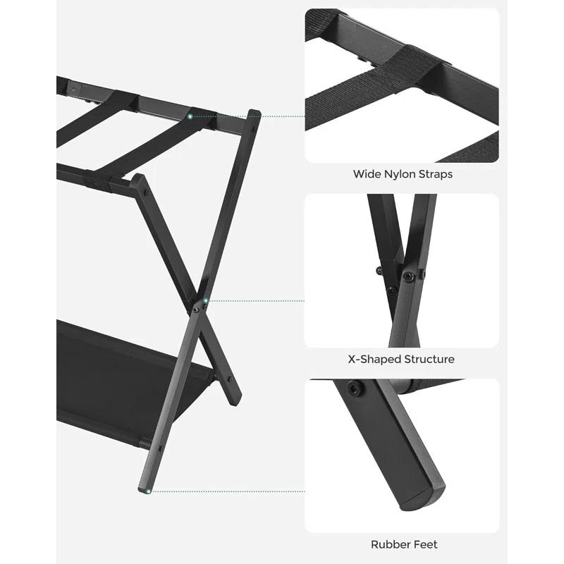 BINO Luggage Rack For Guest Room, Suitcase Stand With Storage Shelf, Steel Frame, Foldable For Easy Storage, Hotel, Bedroom, Black