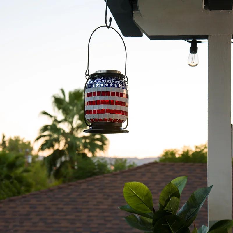 Patriotic Solar Powered LED Outdoor Lantern with Metal Frame