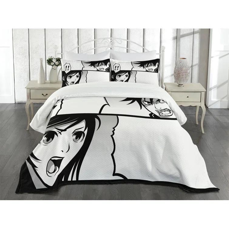Ambesonne Ambesonne Anime Bedspread Set Japanese Cartoon Comic Black White Grey