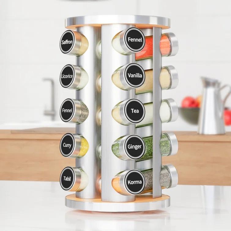 New England Stories Revolving Spice Rack Set with 20 Spice Jars - Kitchen Spice Tower Organizer for Countertop or Cabinet, Includes 386 Spice Labels, Rotating Desktop Seasoning Organizer