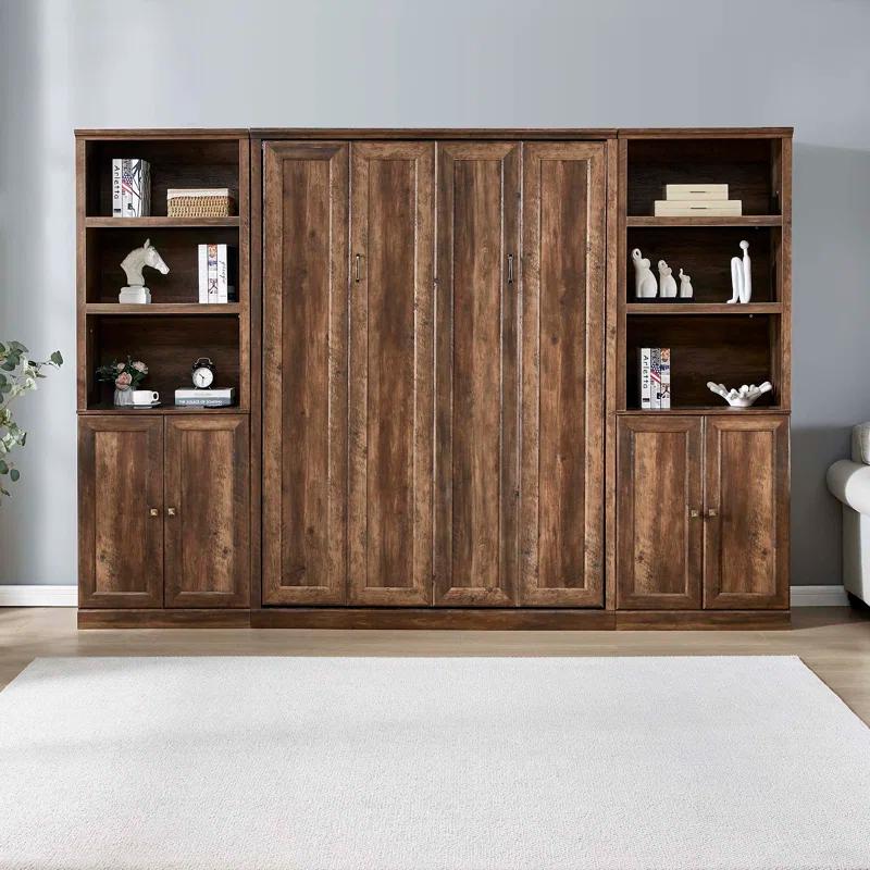 LOONGFIELD Full Size Half Self-Close And Open Murphy Bed With 2 Side Cabinet Storage Shelf, Cabinet Space-Saving Bed Perfect For Guest Room, Bed Room, Guest Room, Home Office