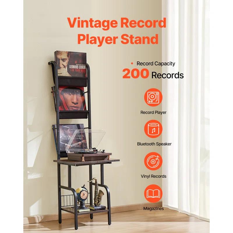 17 Stories 5 Tiers Record Player with LED Light & USB Ports Vinyl Shelf Black
