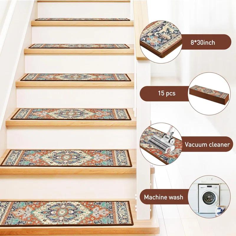 Bungalow Rose Stair Treads For Wooden Steps Indoor, 15 Pack 8" X 30" Non Slip Carpet Stair Treads With Reusable Adhesive For Kids Elders And Dogs, TPR Backing Stair Rugs Oriental Staircase Step Treads,Bohemia