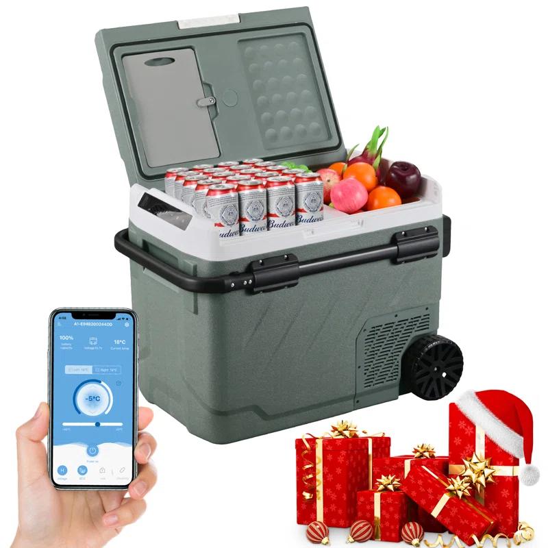 Alpicool 52Qt Dual Zone Portable Car Refrigerator, 12V/24V/220V Portable Car Fridge, With APP Smart Design to Remote Control Temperature, Large Capacity Cooler and Freezer, Wheels & Retractable Handle for Easy Move Anywhere