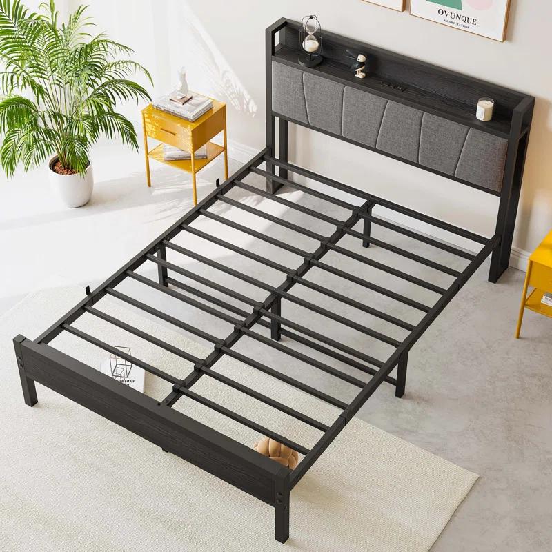 Bed Frame, Storage Headboard with Charging Station