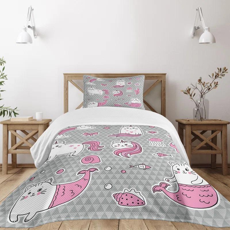 Ambesonne Ambesonne Unicorn Cat Bedspread Set Mermaid Cat Grey Pale Pink White
