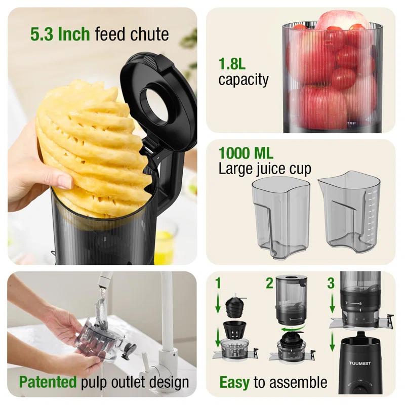 MODERN WALLS LLC Juicer Machines, Cold Press Juicer With 5.3" Extra Large Feed Chute Fit Whole Fruits & Vegetables Easy To Clean, High Juice Yield, BPA Free
