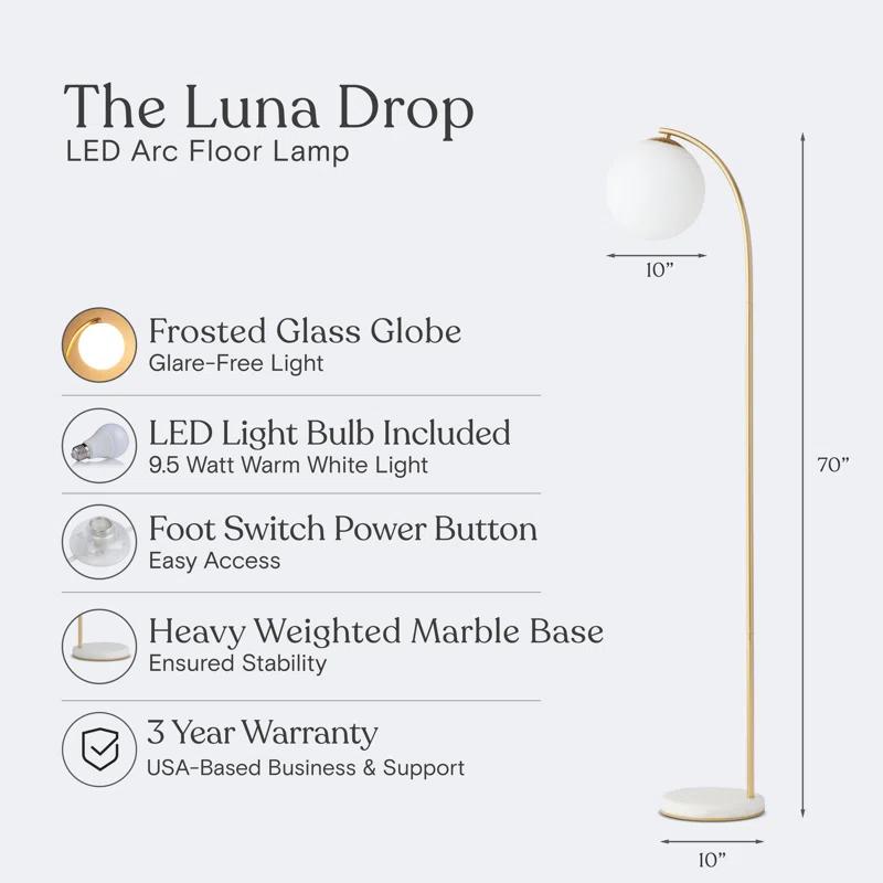 Brightech Luna Drop 75 in. Modern LED Arched Standing Floor Lamp with Frosted Glass Globe Shade