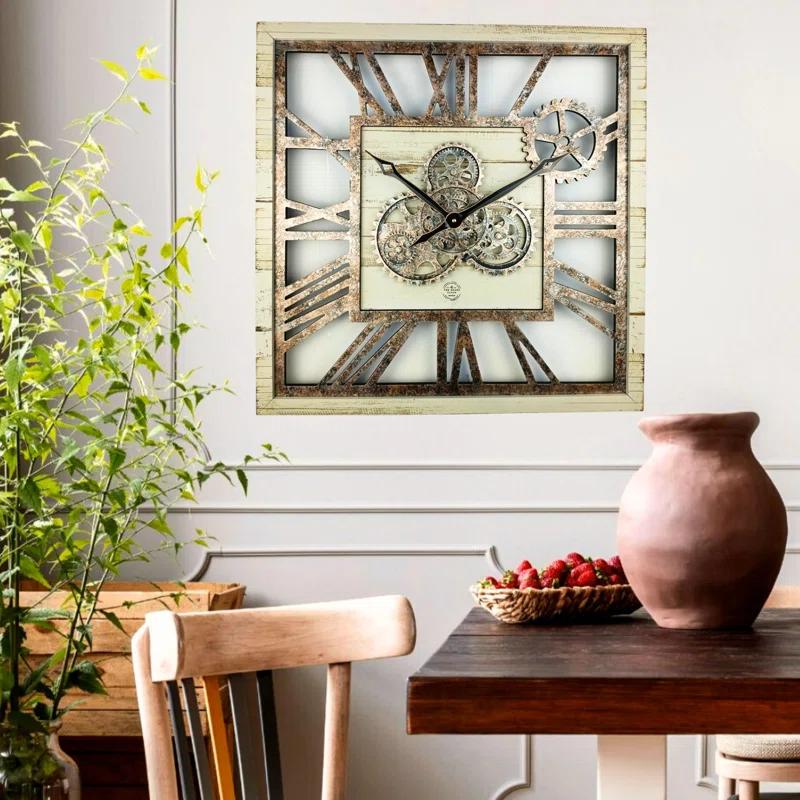 The Gears Clock Wall Clock 24" Square Oversized for Living Room decor with Real Moving Gears America Collection