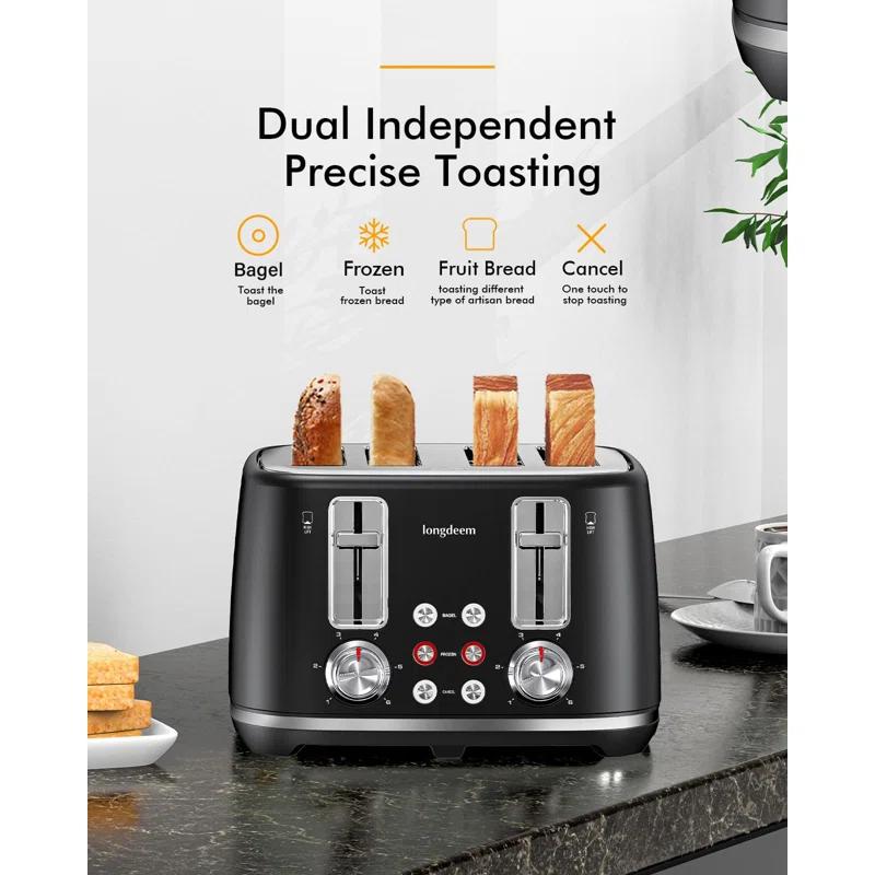 LONGDEEM 4 Slice Toaster, Extra Wide Slots, Longdeem Retro Stainless Steel Toasters, 6 Browning Options, Auto Shut Off & Frozen Function, Toast Fruit Bread, Bagel & Waffle